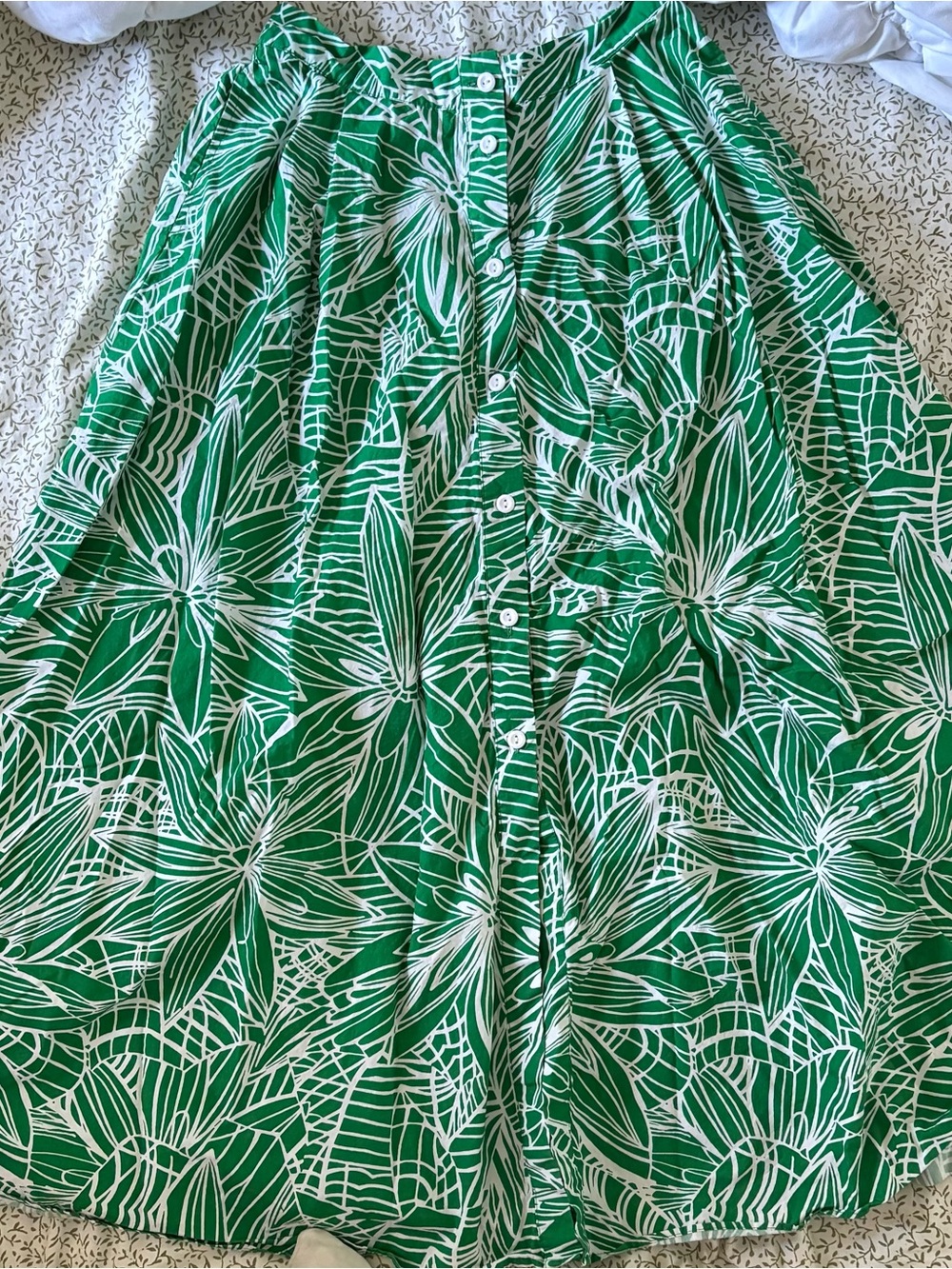 Green and White Floral Button-Front Maxi Skirt